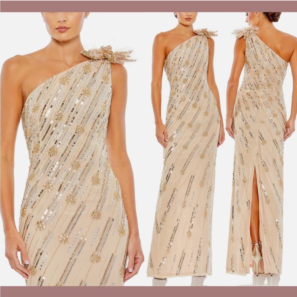 NWT $498 Mac‎ Duggal [ 10 ] Feather Embellished Floral One Shoulder Gown #Q479